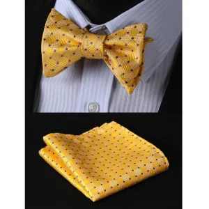 Men's Silk Solid Yellow Self Bow Tie & Pocket Square Handkerchief