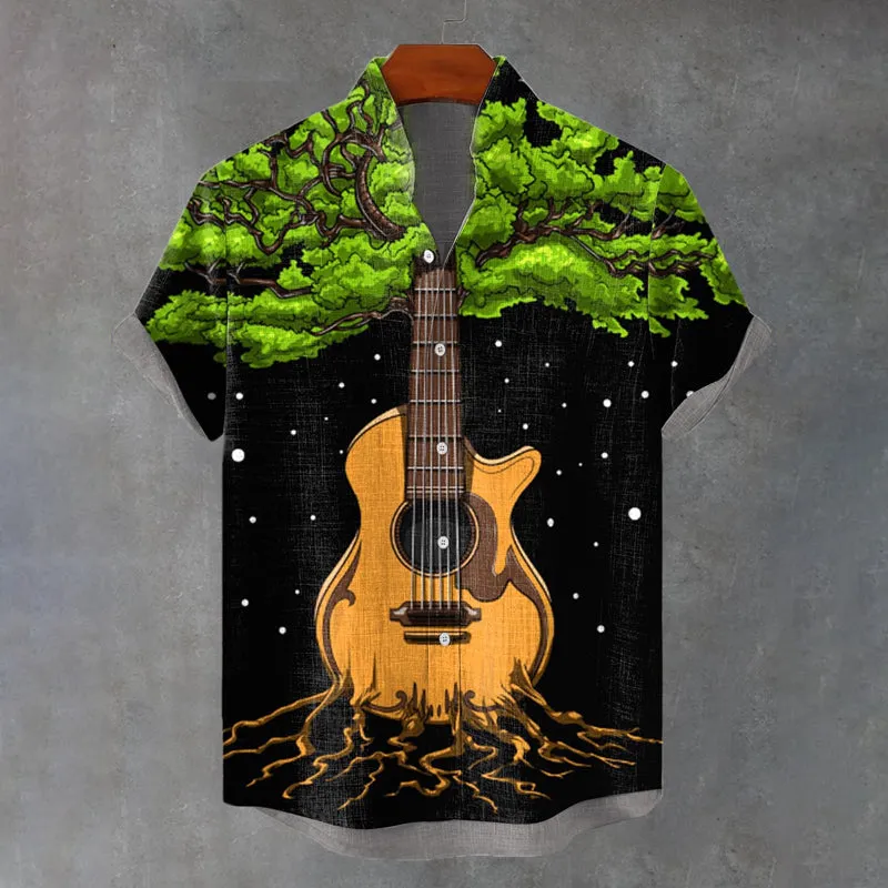 Men's Trippy Hippie Guitar Music Tree Of Life Print Shirt
