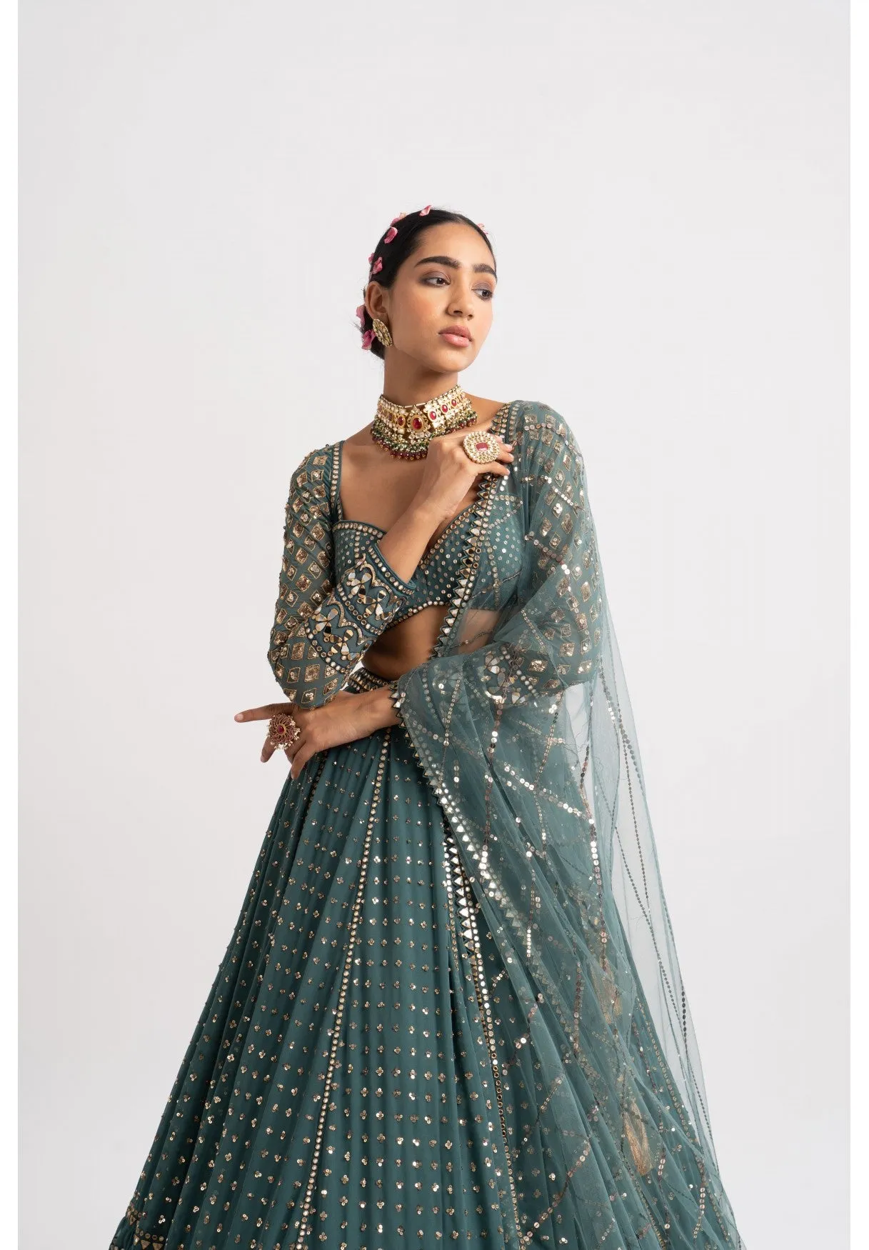 Mud Green Single Tier Lehenga Set
