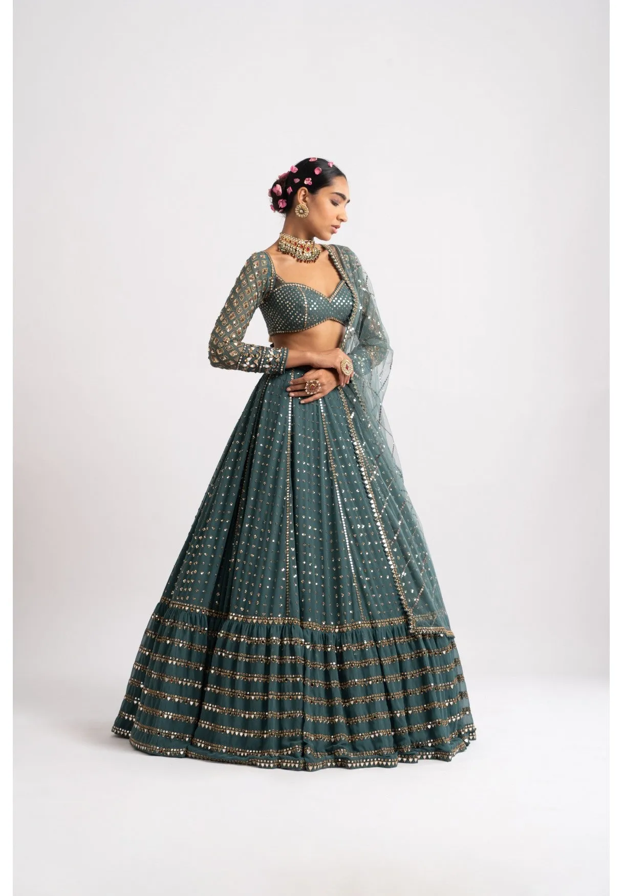 Mud Green Single Tier Lehenga Set