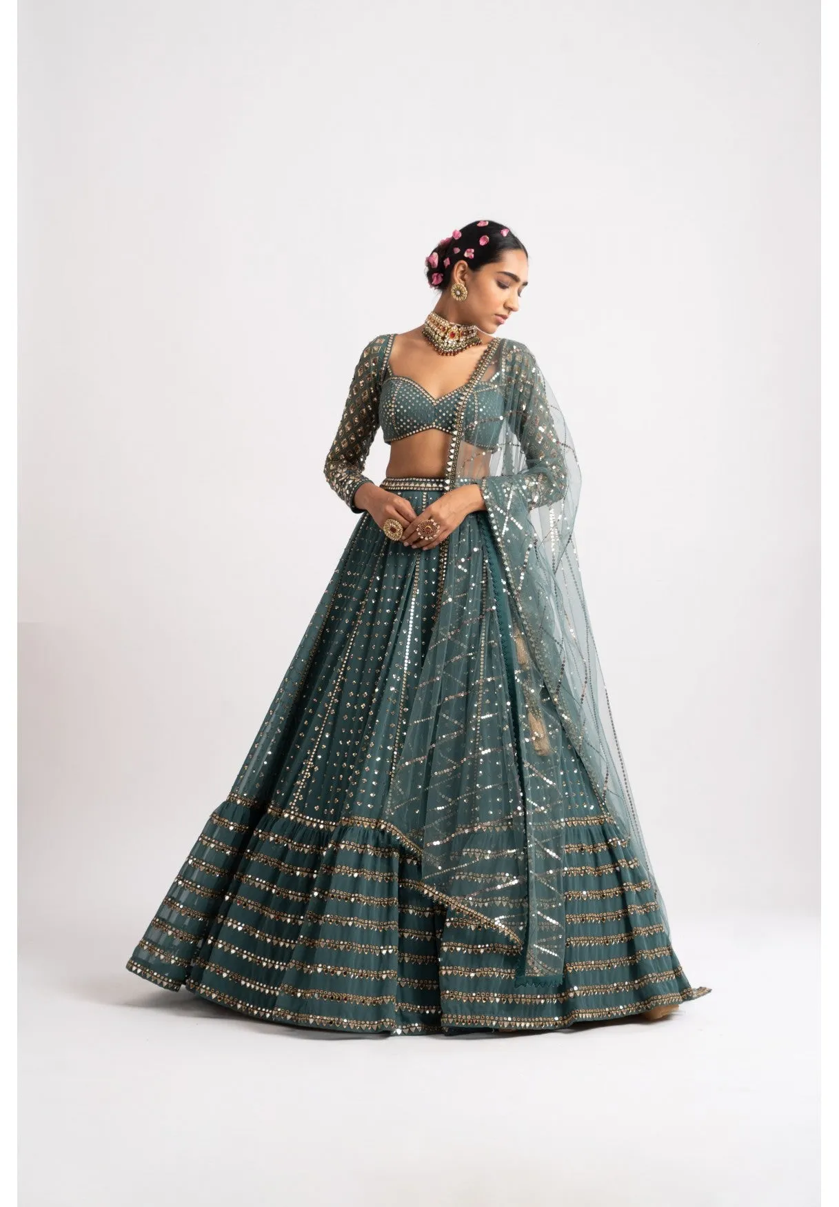 Mud Green Single Tier Lehenga Set