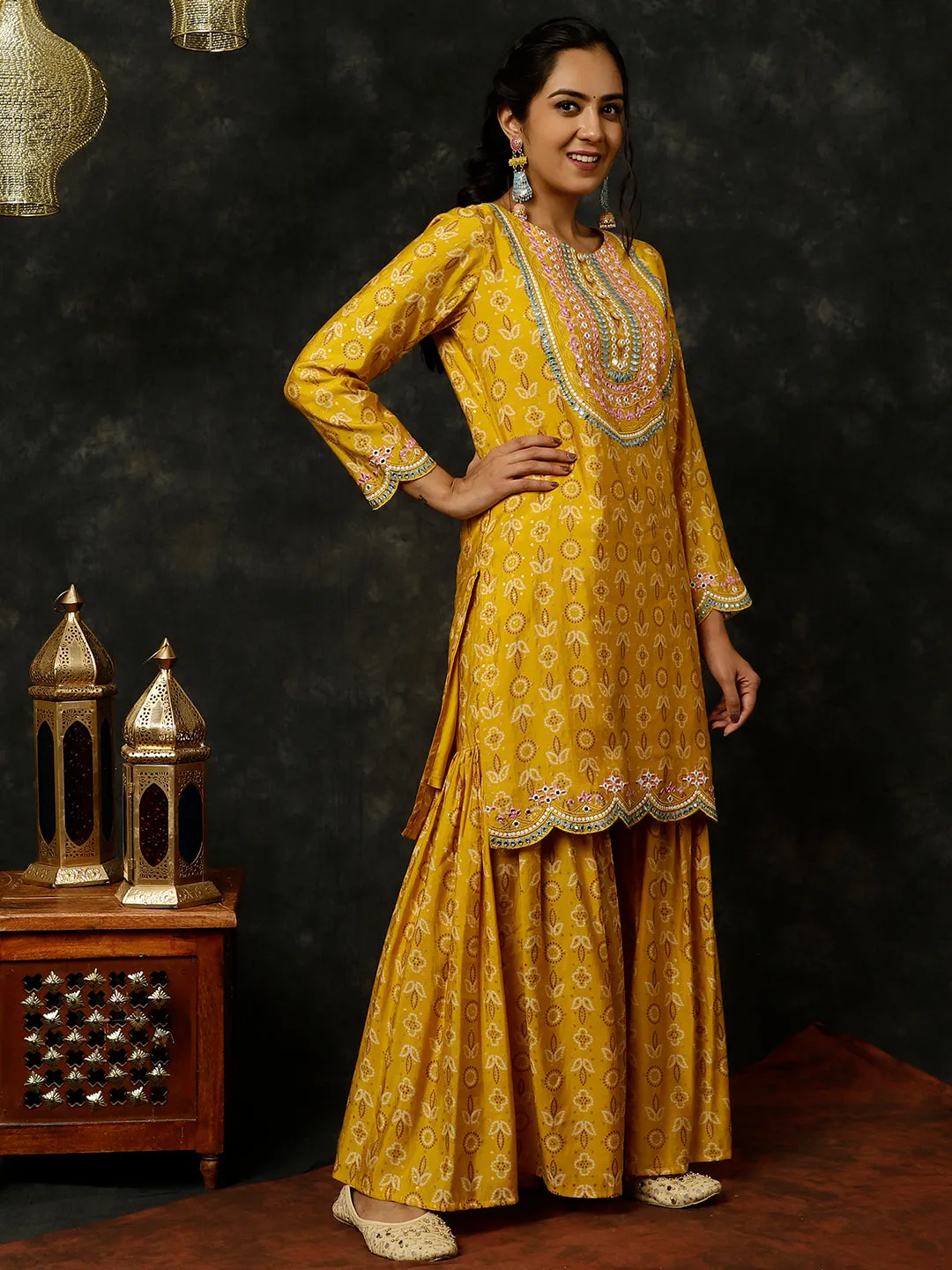 Mustard Bandhani Mirror Work Kurta With Sharara And Dupatta