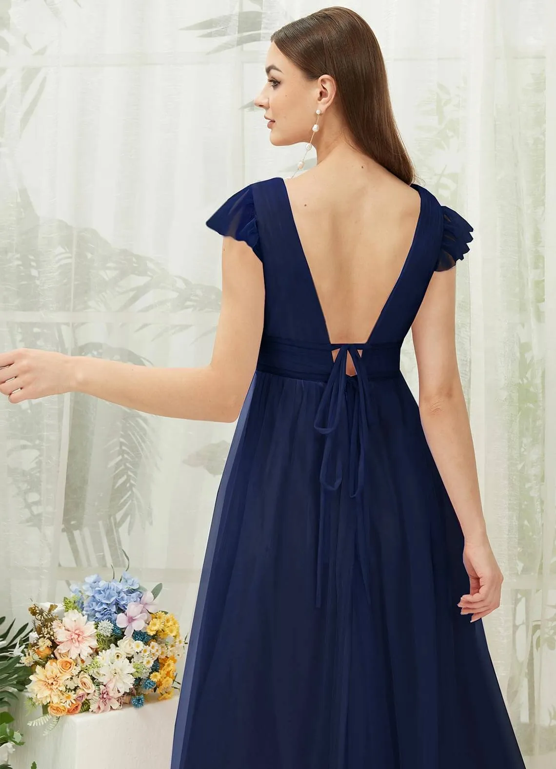 Navy Blue Tulle Cap Sleeves Floor Length Flowy Bridesmaid Dresses
