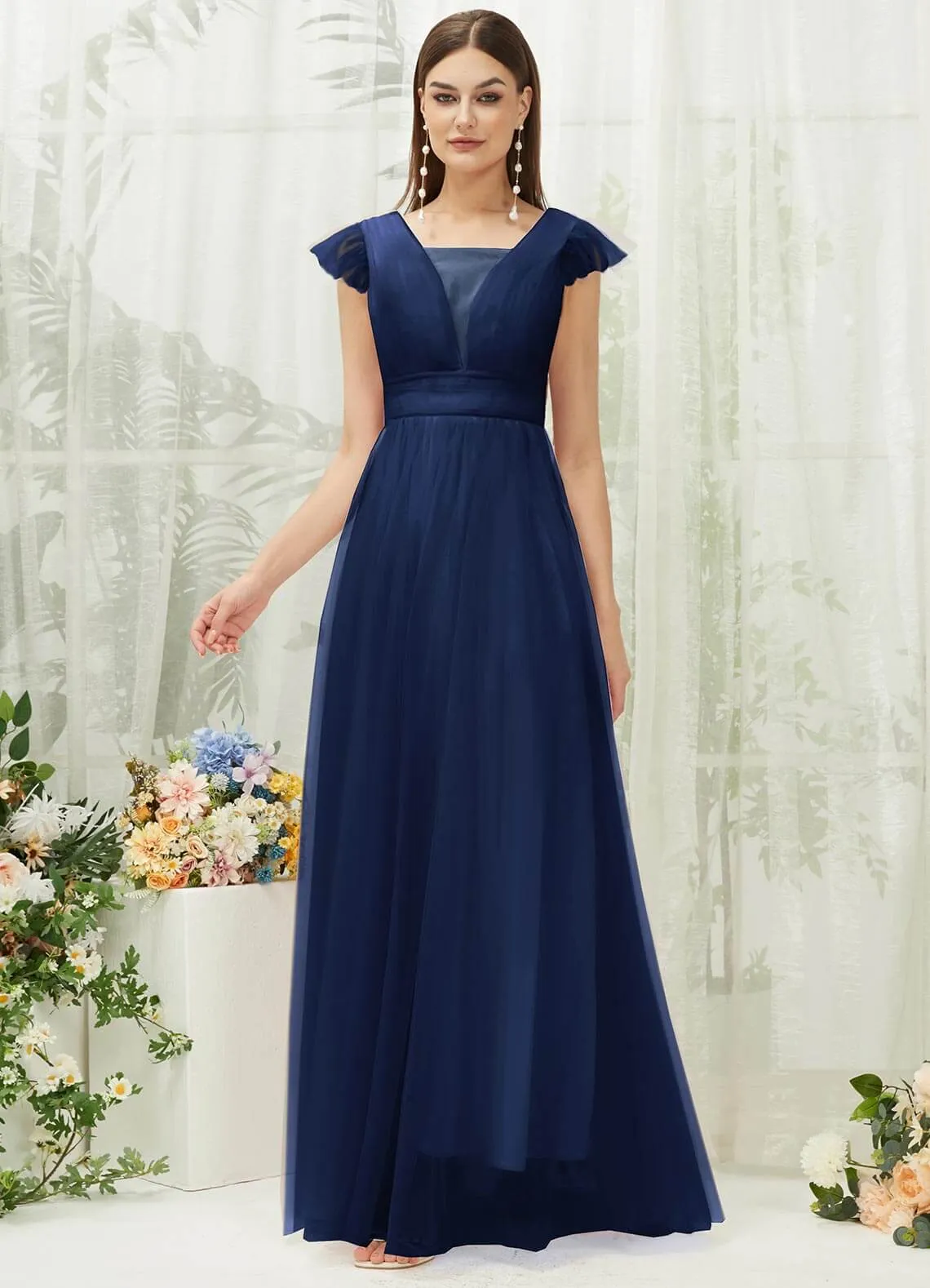 Navy Blue Tulle Cap Sleeves Floor Length Flowy Bridesmaid Dresses