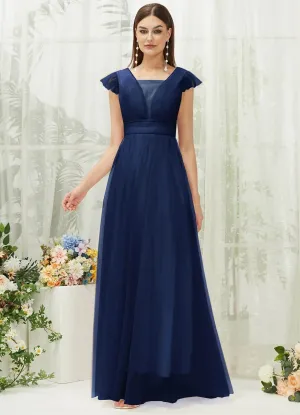 Navy Blue Tulle Cap Sleeves Floor Length Flowy Bridesmaid Dresses
