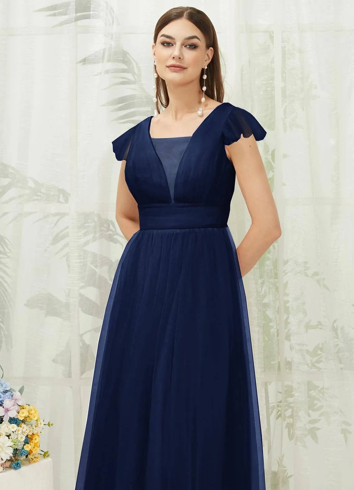 Navy Blue Tulle Cap Sleeves Floor Length Flowy Bridesmaid Dresses