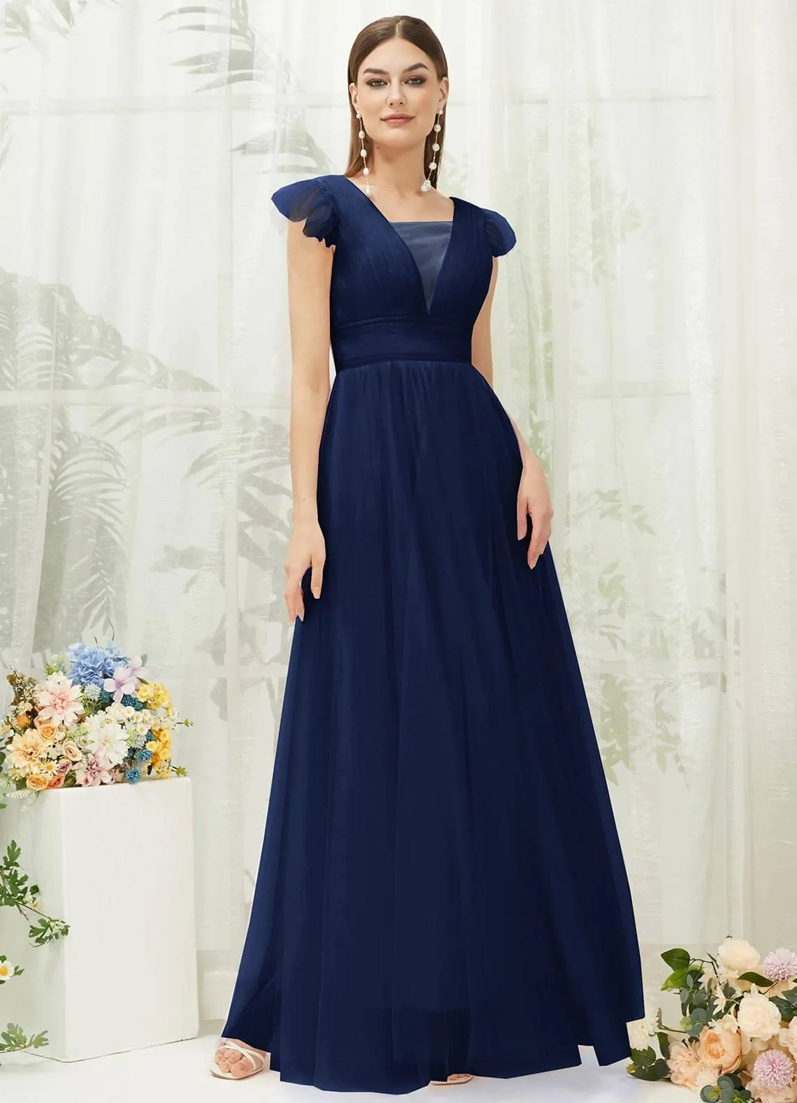 Navy Blue Tulle Cap Sleeves Floor Length Flowy Bridesmaid Dresses