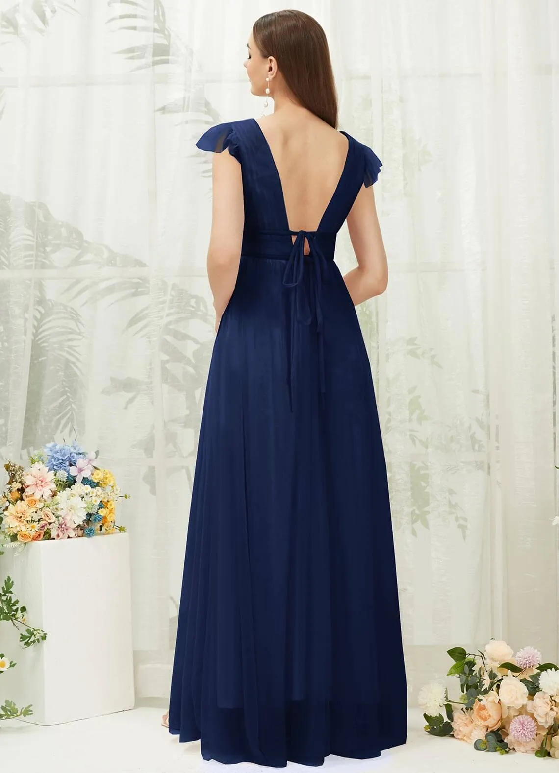 Navy Blue Tulle Cap Sleeves Floor Length Flowy Bridesmaid Dresses