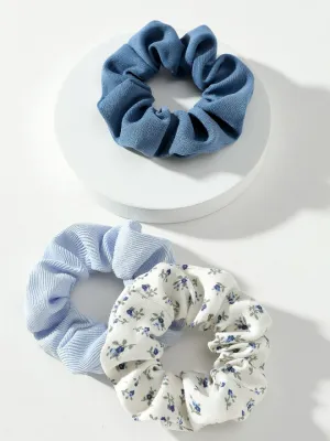 NEW 3pcs Blue Floral Printed Corduroy Ribbons hair tie scrunchies