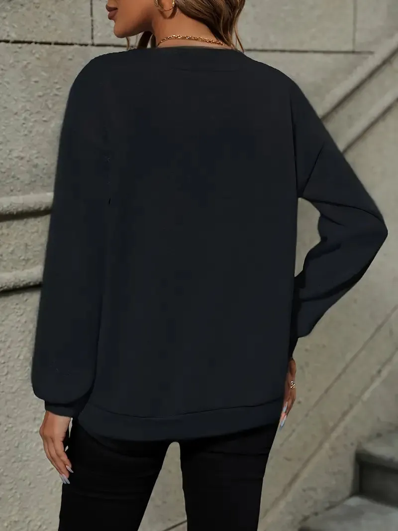 NEW Contrast Lace Pullover Sweatshirt, Casual Long Sleeve V Neck Sweatshirt For Fall & Winter, Women's Clothing, Sz L, Retails $60