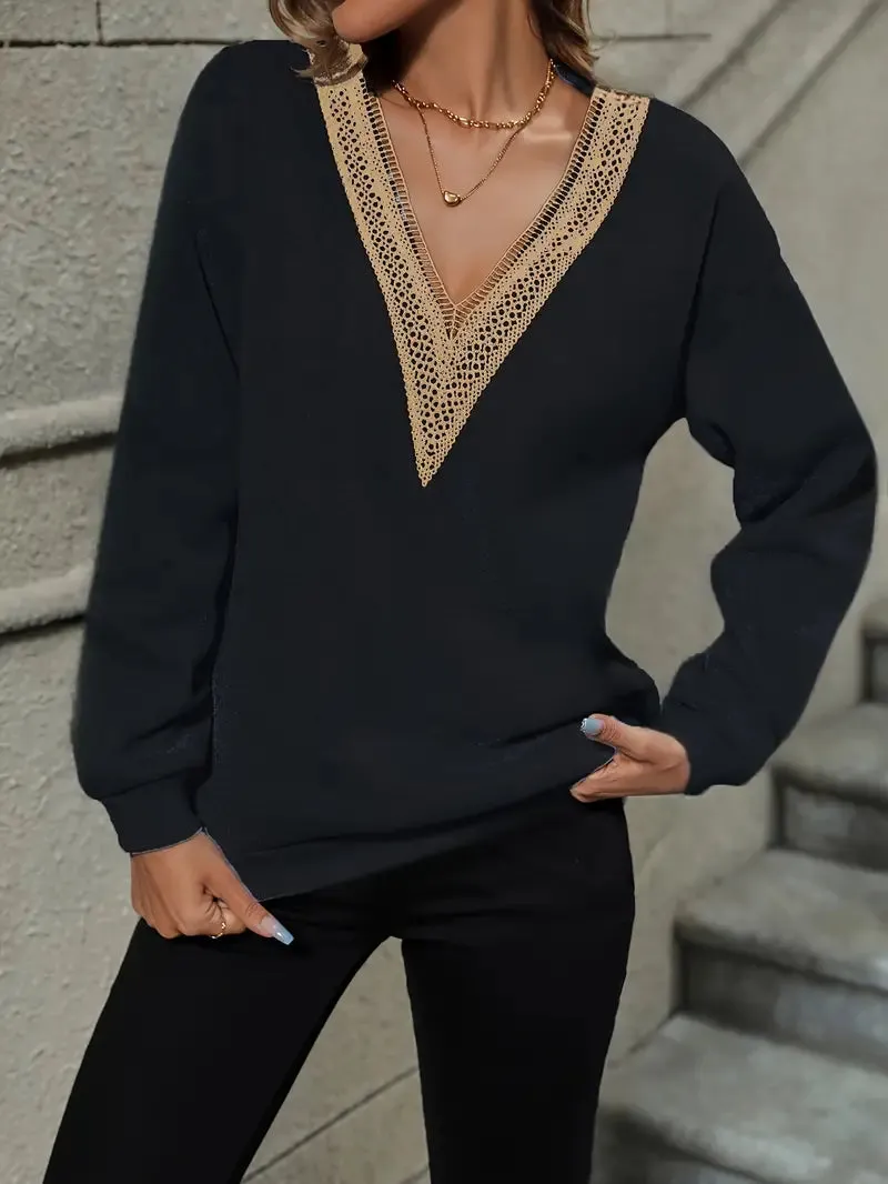 NEW Contrast Lace Pullover Sweatshirt, Casual Long Sleeve V Neck Sweatshirt For Fall & Winter, Women's Clothing, Sz L, Retails $60