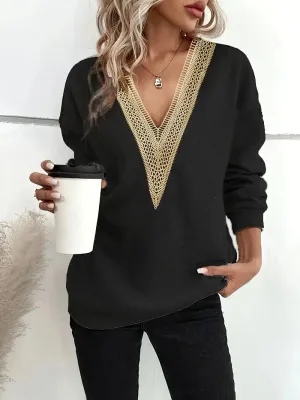 NEW Contrast Lace Pullover Sweatshirt, Casual Long Sleeve V Neck Sweatshirt For Fall & Winter, Women's Clothing, Sz L, Retails $60