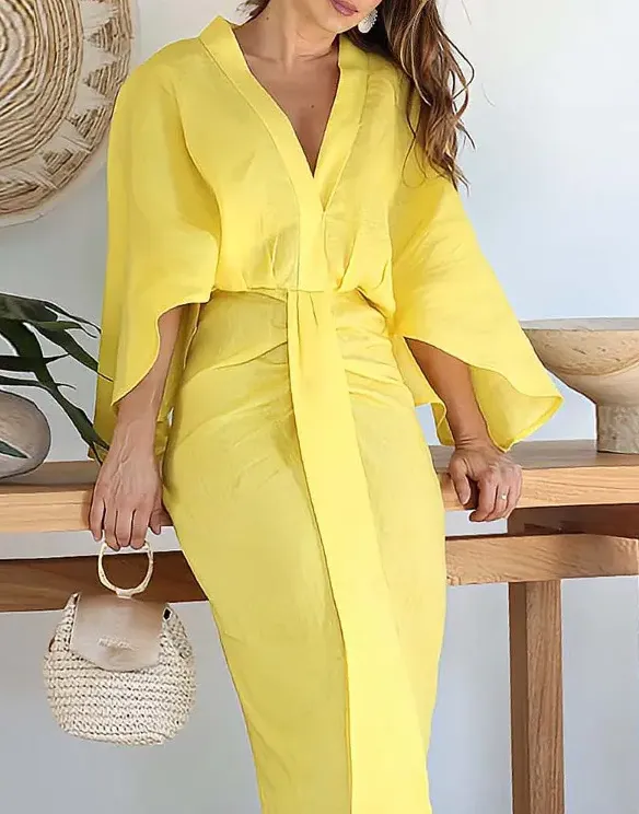 NEW Draped Midi Dress With Batwing Sleeves and Plunging Neckline, Sz M