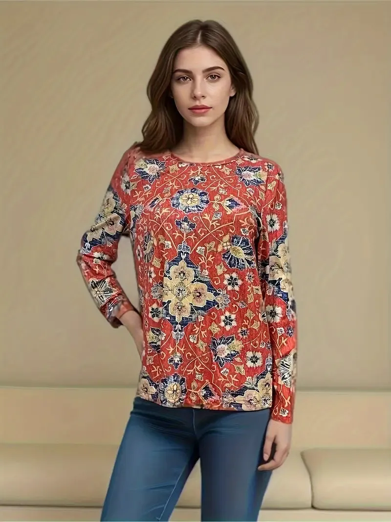 New Ethnic Floral Print T-Shirt, Casual Long Sleeve Top For Spring & Fall, Women's Clothing sz L