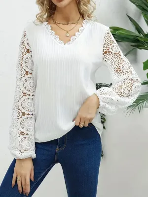 NEW Floral Lace Stitching V Neck Blouse, Casual Long Sleeve Blouse For Spring & Fall, Women's Clothing - Size XL - Retails $49 
