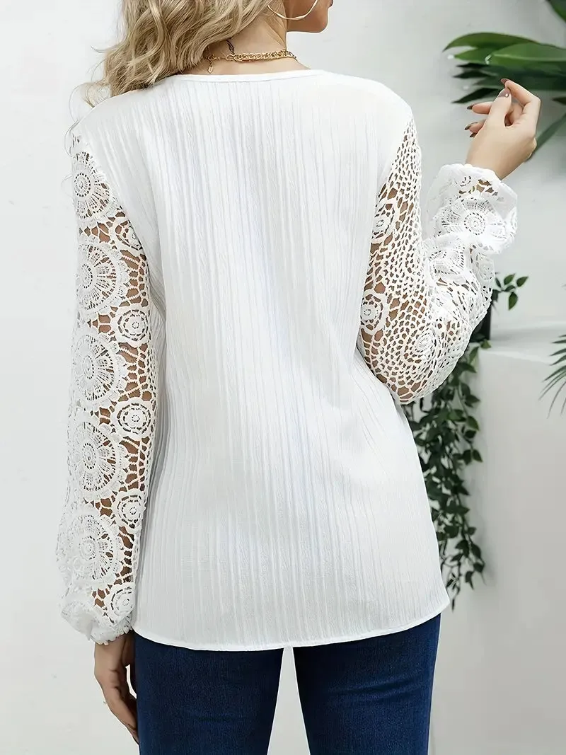 NEW Floral Lace Stitching V Neck Blouse, Casual Long Sleeve Blouse For Spring & Fall, Women's Clothing - Size XL - Retails $49 