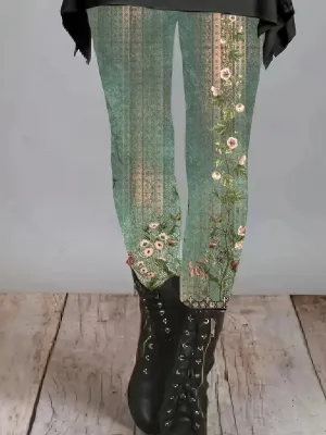 New Floral Print Skinny Leggings, Casual Elastic Waist Daily Leggings, Women's Clothing sz XL! Fits True