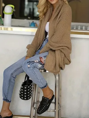 NEW Solid Open Front Knit Cardigan, Casual Batwing Sleeve Loose Sweater, Women's Clothing, One Size Fits Most, Retails $61 