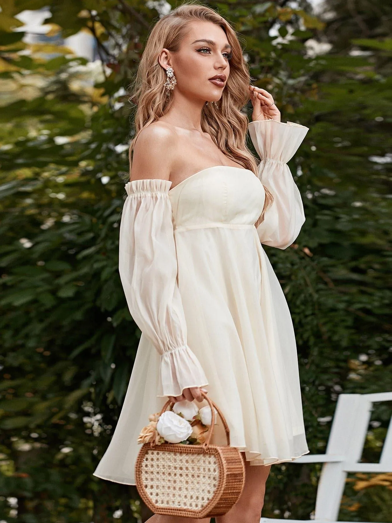 Off Shoulder Flounce Sleeve White Mini Tulle Mesh Dress XJ1268