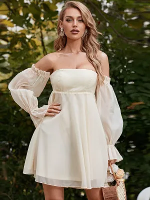 Off Shoulder Flounce Sleeve White Mini Tulle Mesh Dress XJ1268