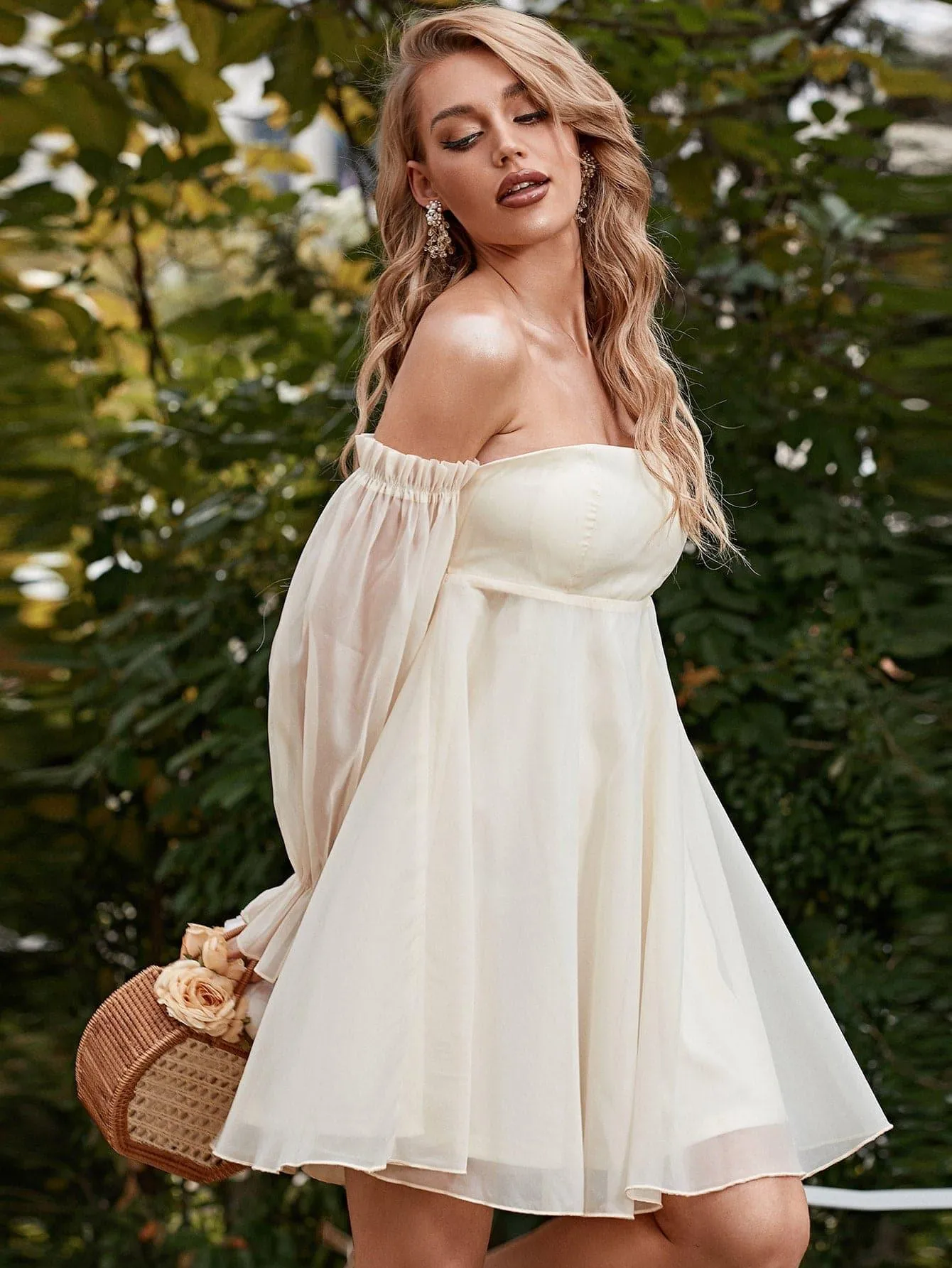 Off Shoulder Flounce Sleeve White Mini Tulle Mesh Dress XJ1268