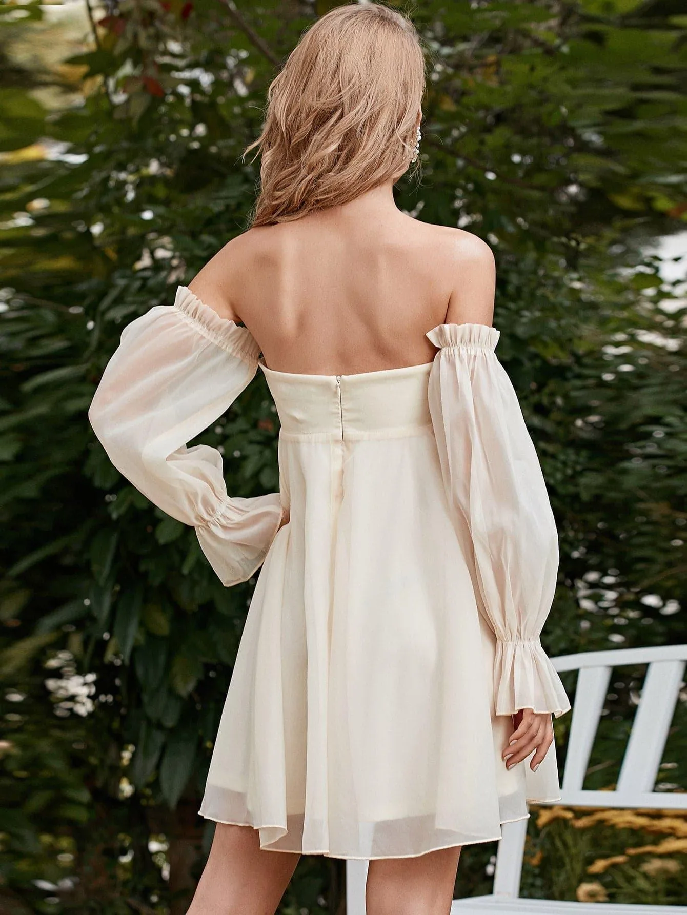 Off Shoulder Flounce Sleeve White Mini Tulle Mesh Dress XJ1268