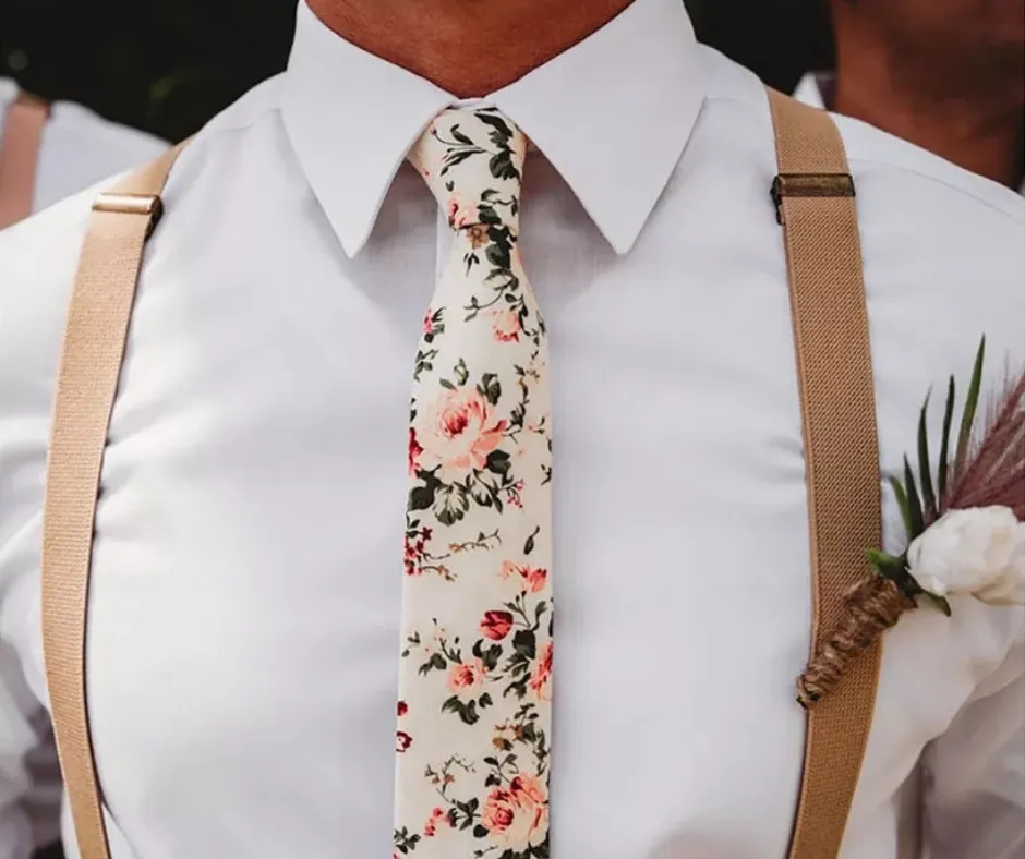 Olivia Cream Floral Adult Cotton Bow Tie and Slate Grey Braces Set