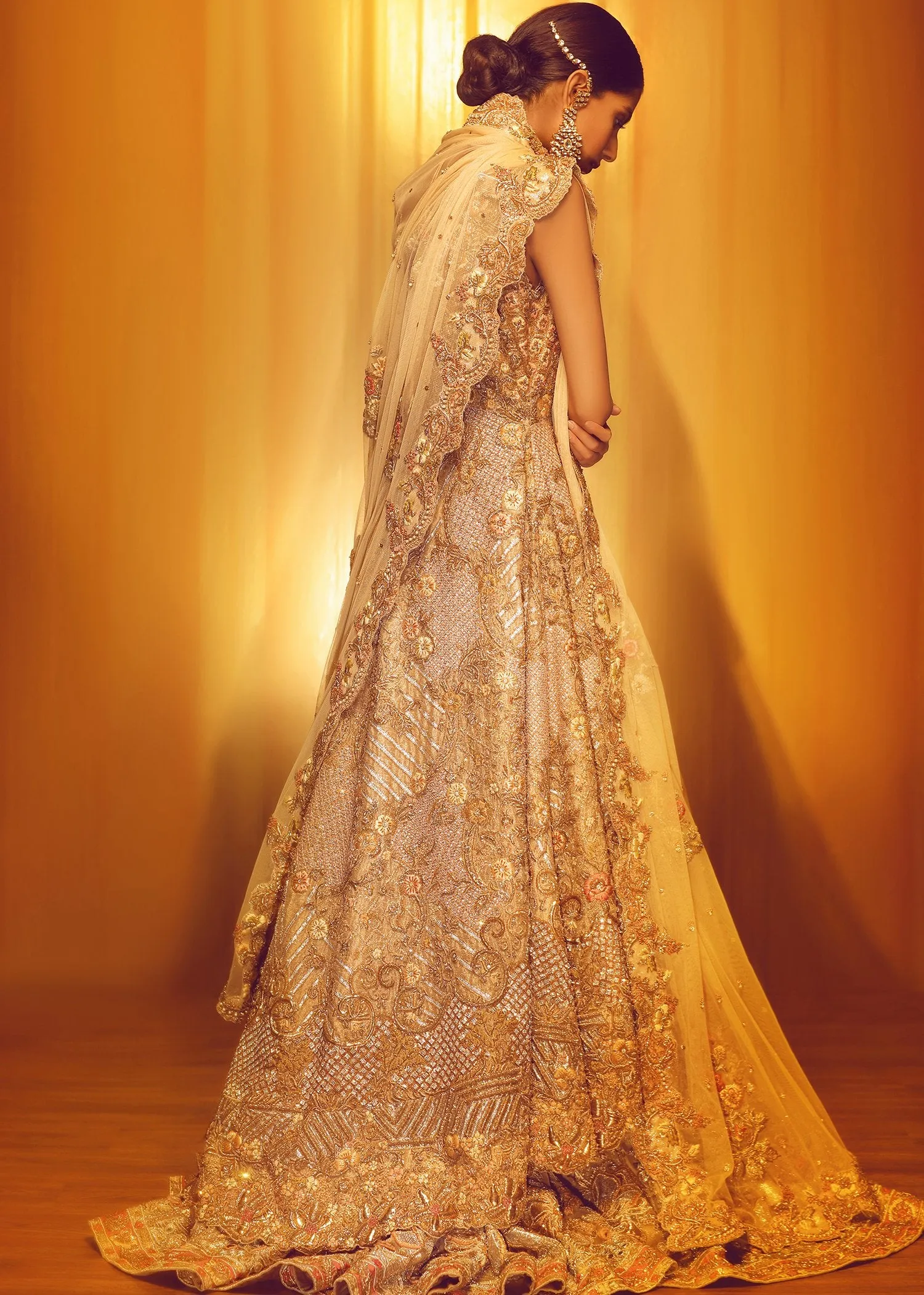 Pakistani Bridal Gold  Open Shirt Lehnga for Wedding #J5140
