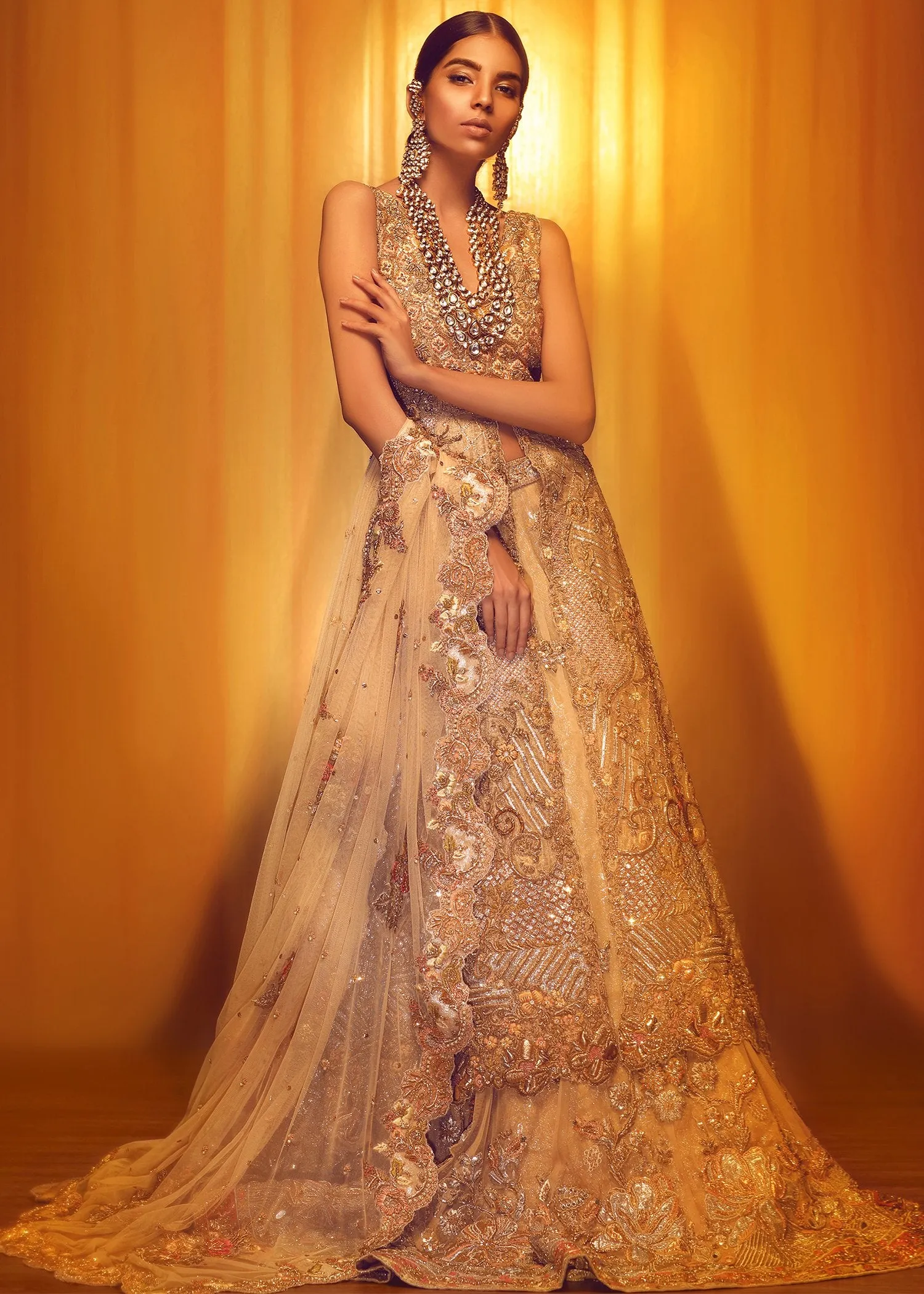Pakistani Bridal Gold  Open Shirt Lehnga for Wedding #J5140