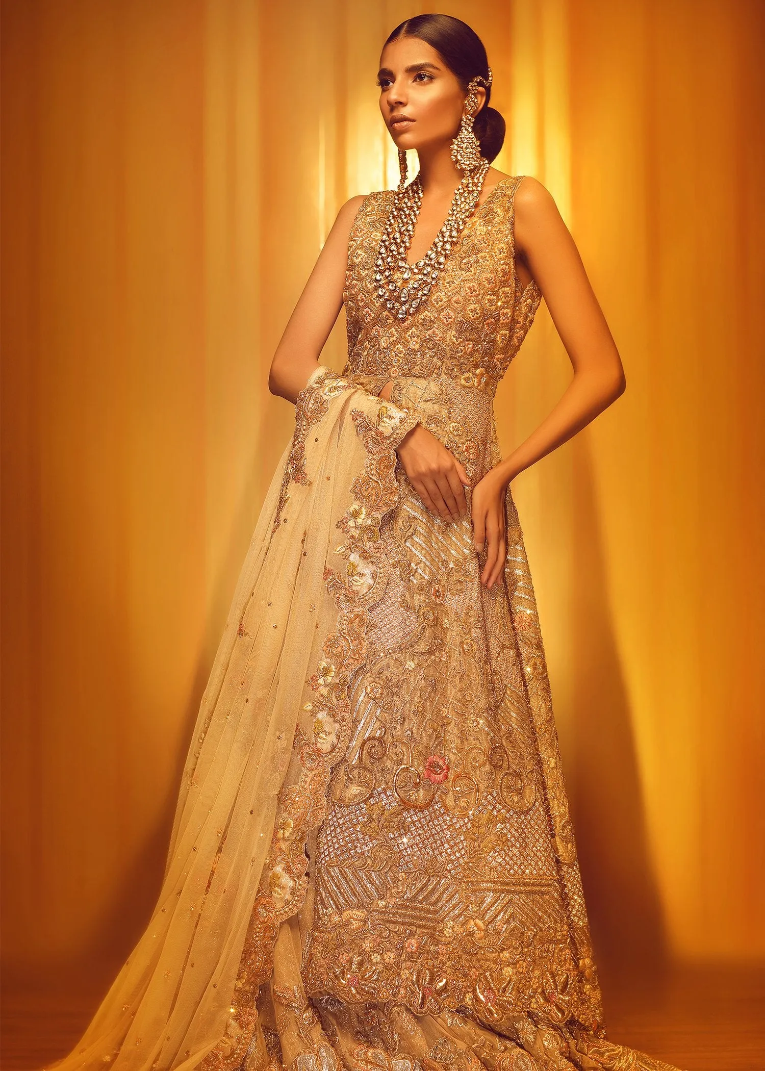 Pakistani Bridal Gold  Open Shirt Lehnga for Wedding #J5140