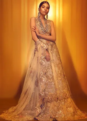 Pakistani Bridal Gold  Open Shirt Lehnga for Wedding #J5140