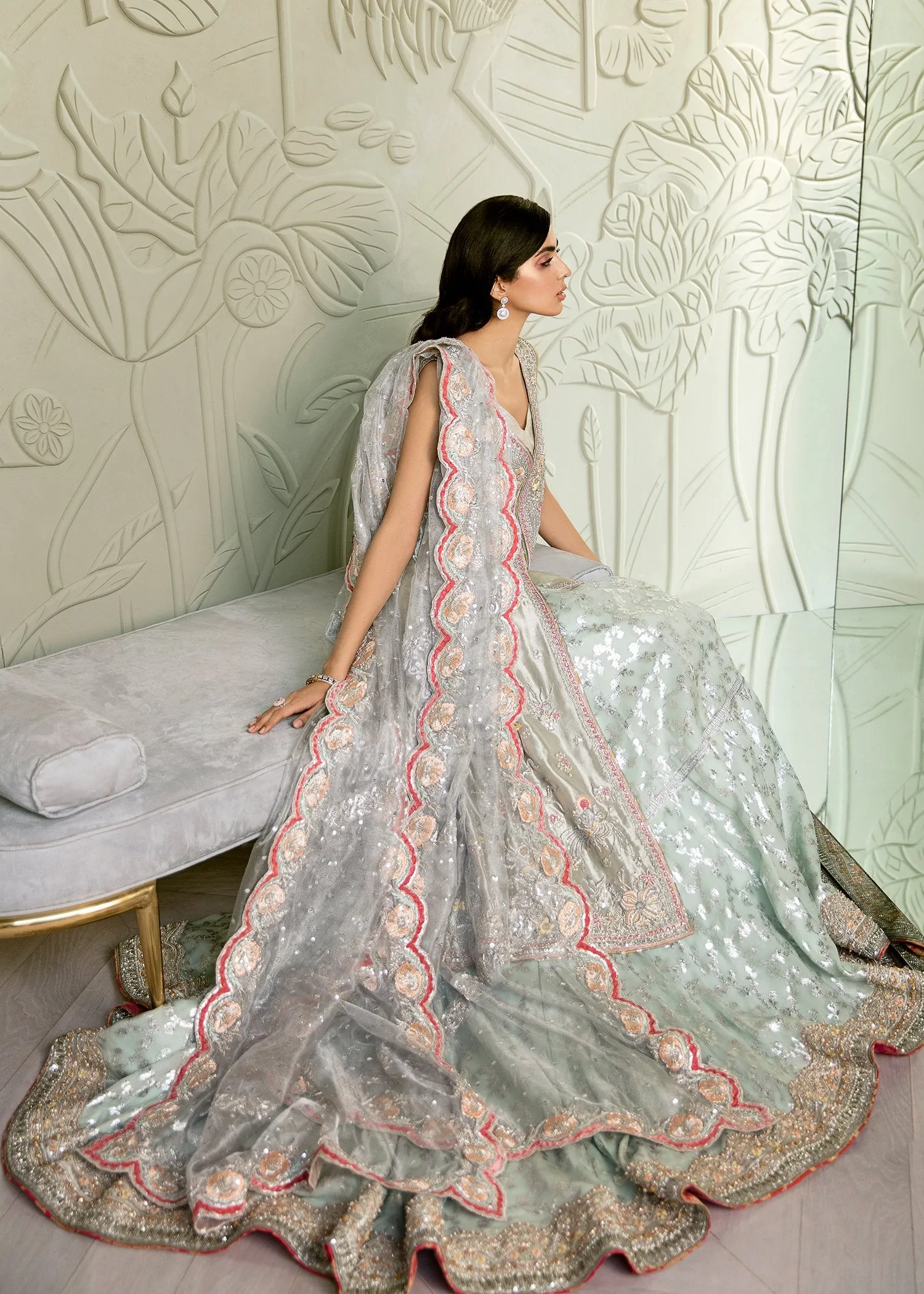 Pakistani Bridal Ice Blue Farshi Lehnga for Wedding #J5146