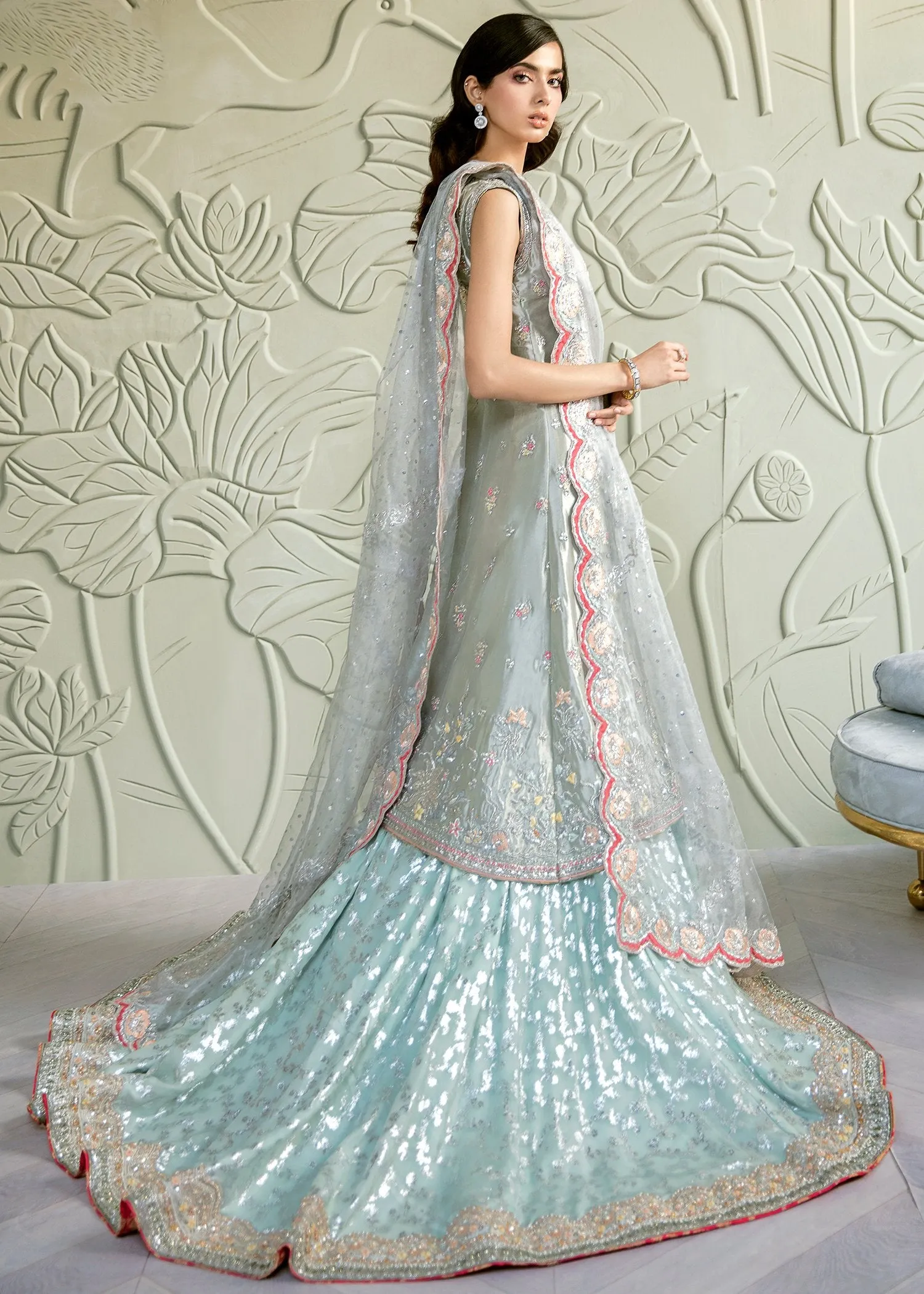 Pakistani Bridal Ice Blue Farshi Lehnga for Wedding #J5146