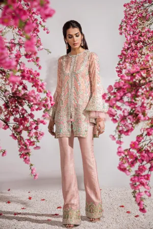 Pakistani organza wedding dress embroidered in tea pink color # B3441