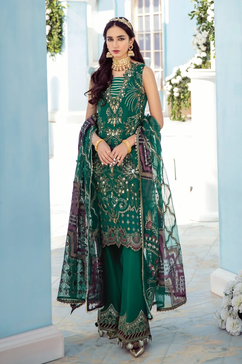 Pakistani Sharara in Green Shade with Embroidery #PF474