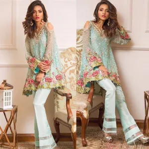 Party dress in turquoise green colour threads savroski and pearl work Model#P 132