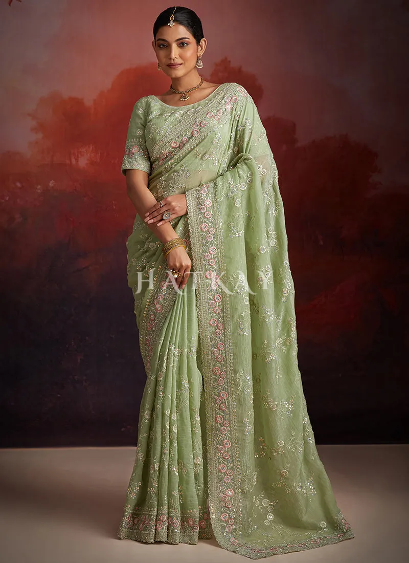 Pastel Green Embroidery Party Wear Saree