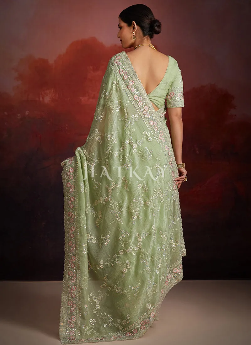 Pastel Green Embroidery Party Wear Saree