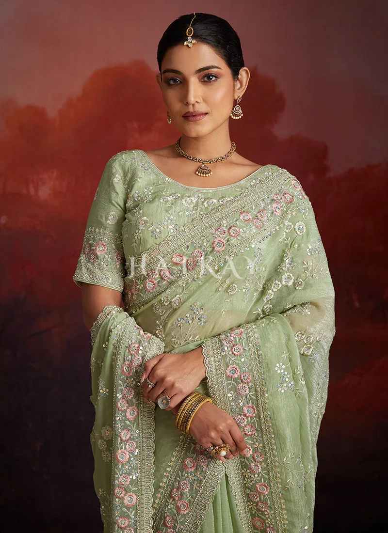 Pastel Green Embroidery Party Wear Saree