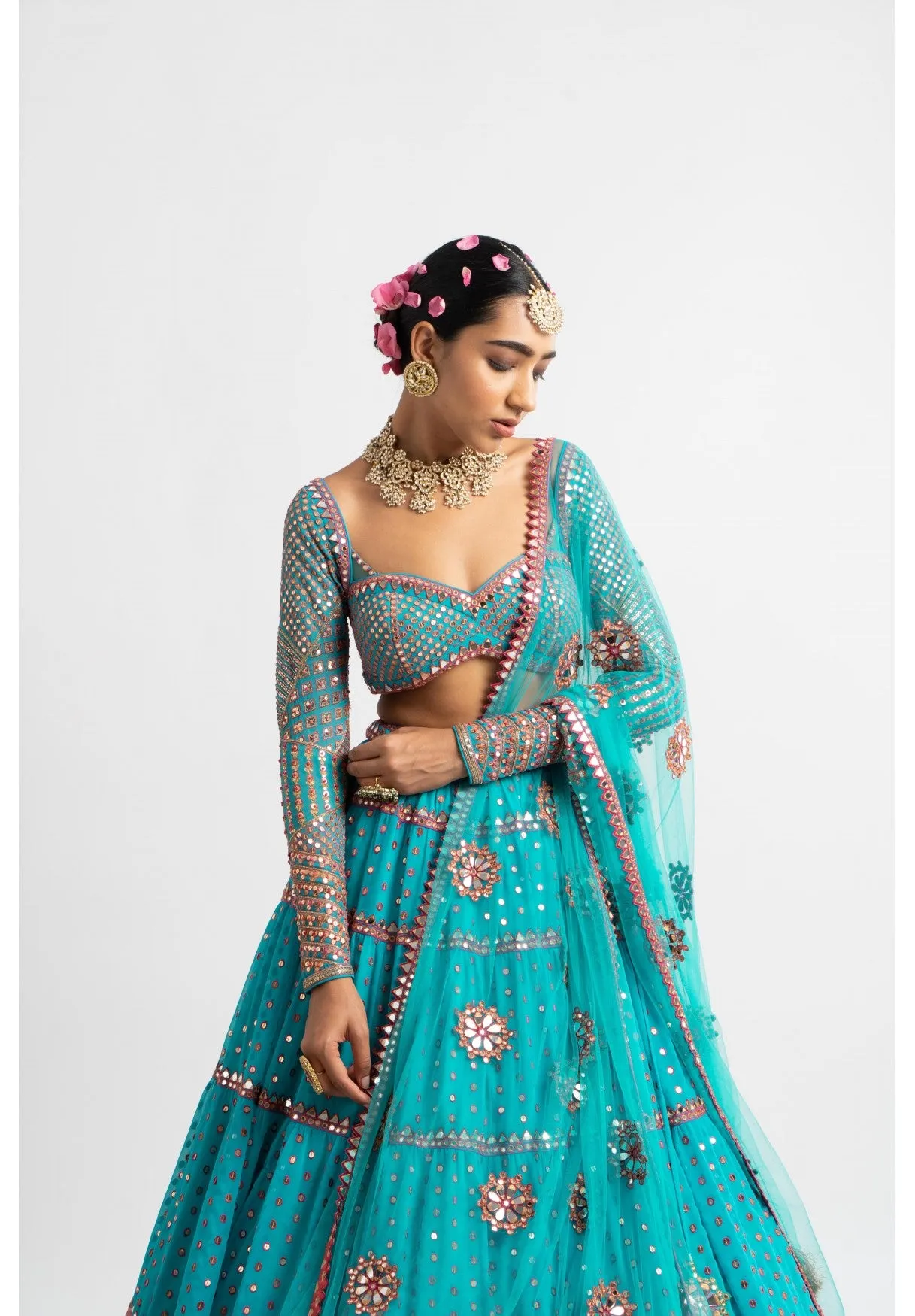 Peacock Green Multi Tier Multi Color Lehenga Set