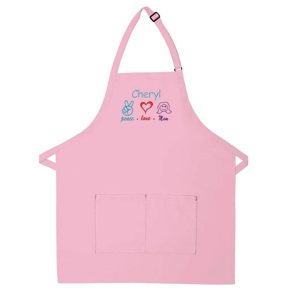 Personalized Apron Embroidered Peace Love Mom Design Add a Name