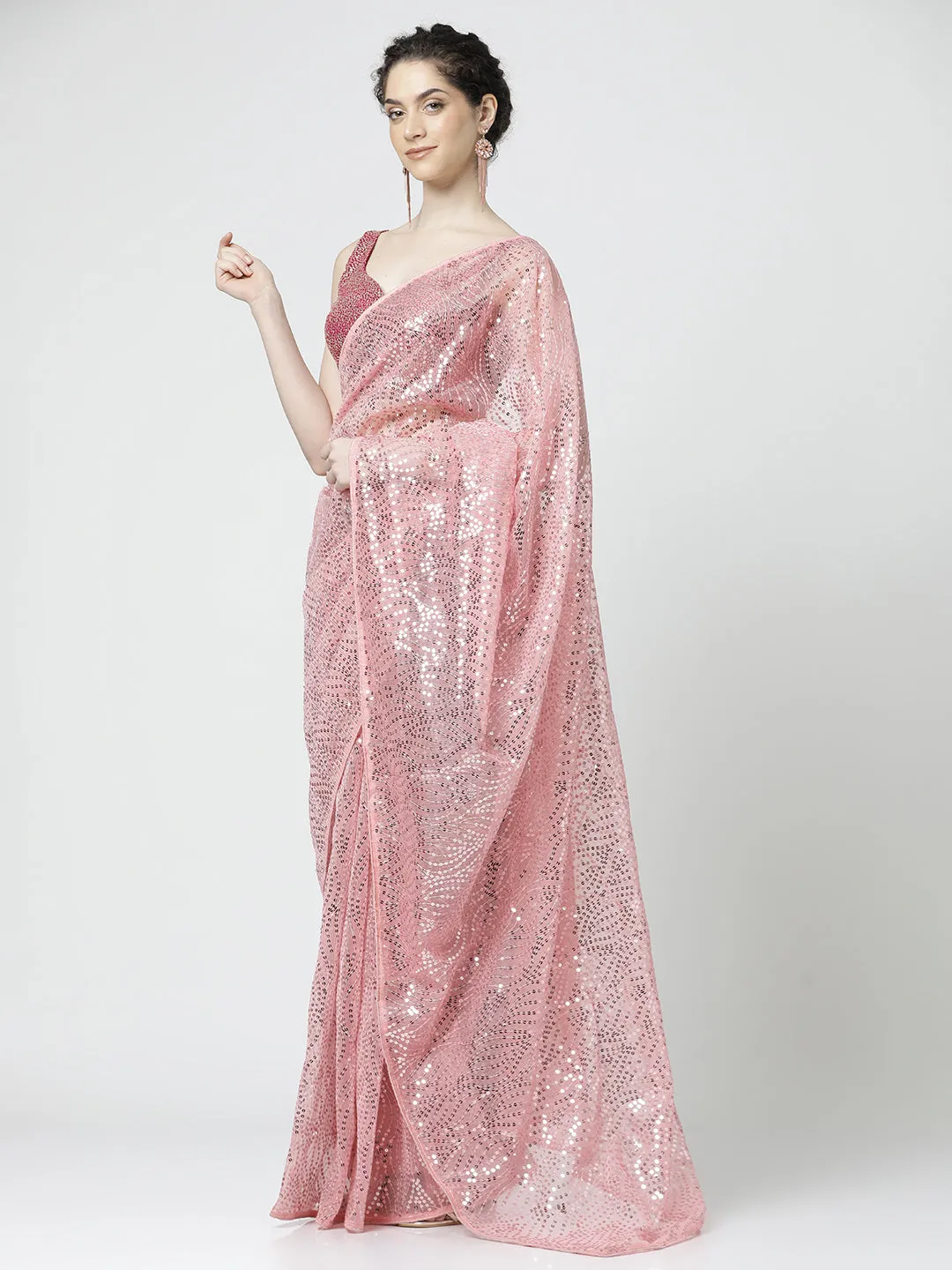 Pink Sequin Embellished Georgette Saree