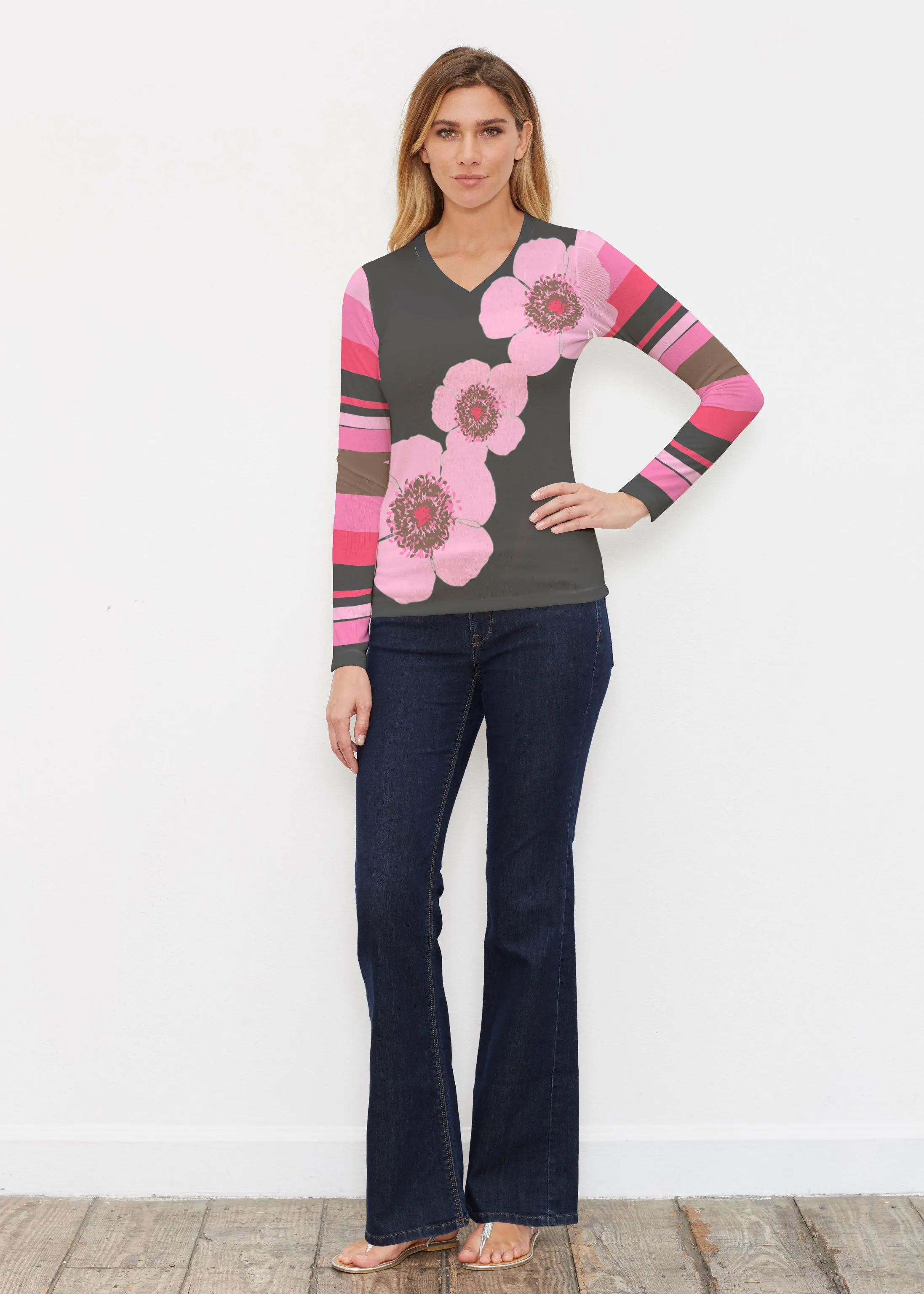 Poppy Black Stripes (7100) ~ Butterknit Long Sleeve V-Neck Top