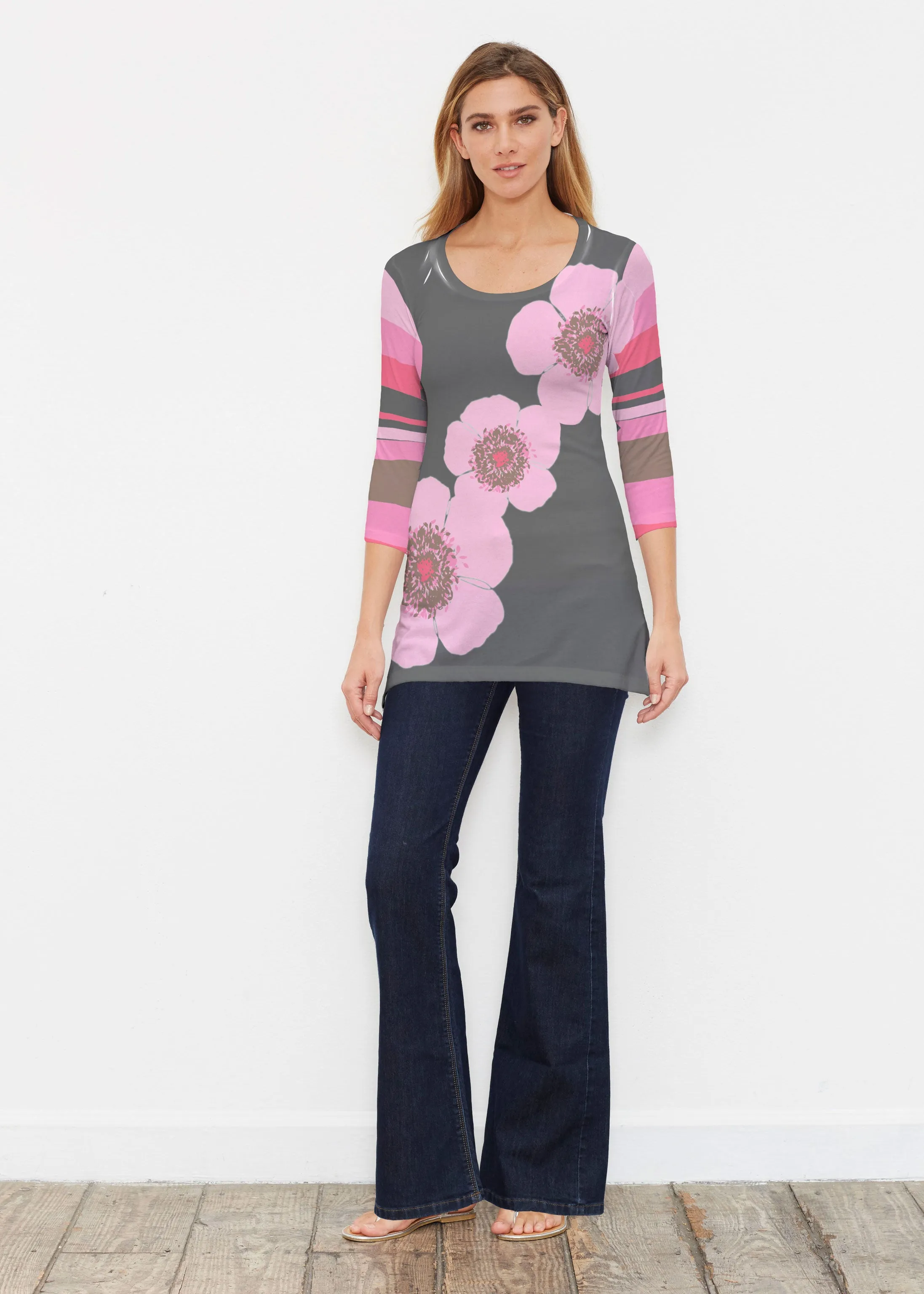 Poppy Black Stripes (7100) ~ Buttersoft 3/4 Sleeve Tunic