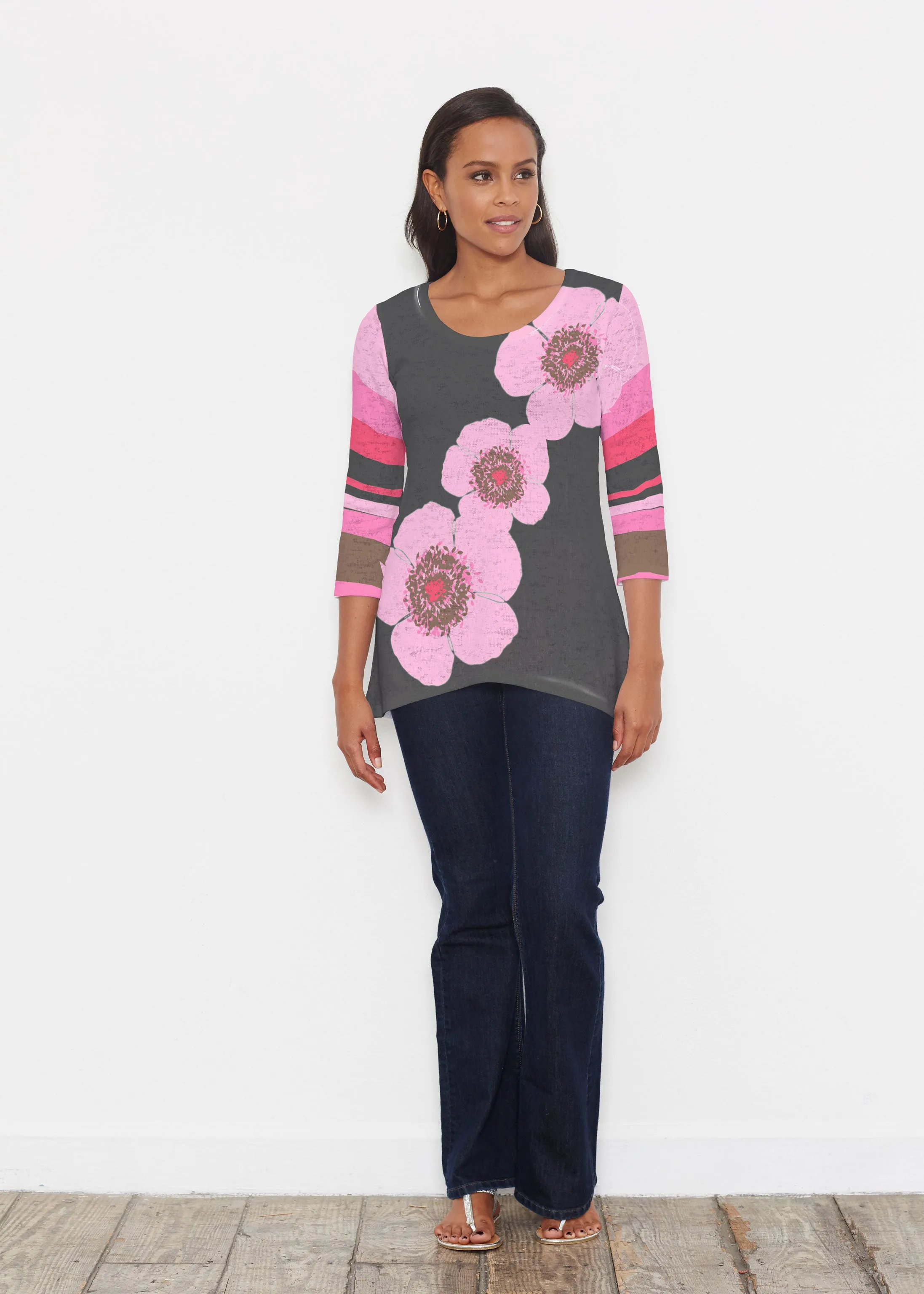 Poppy Black Stripes (7100) ~ Katherine Hi-Lo Thermal Tunic