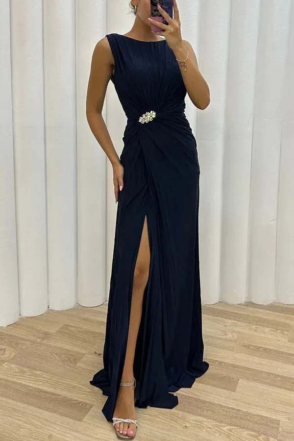 Pretty Special Pleated Embellished Slit Evening Maxi Dress