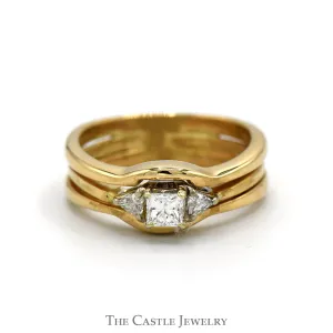 Princess Cut & Trillion Cut Diamond Three Stone Bridal Set in 14k Yellow Gold