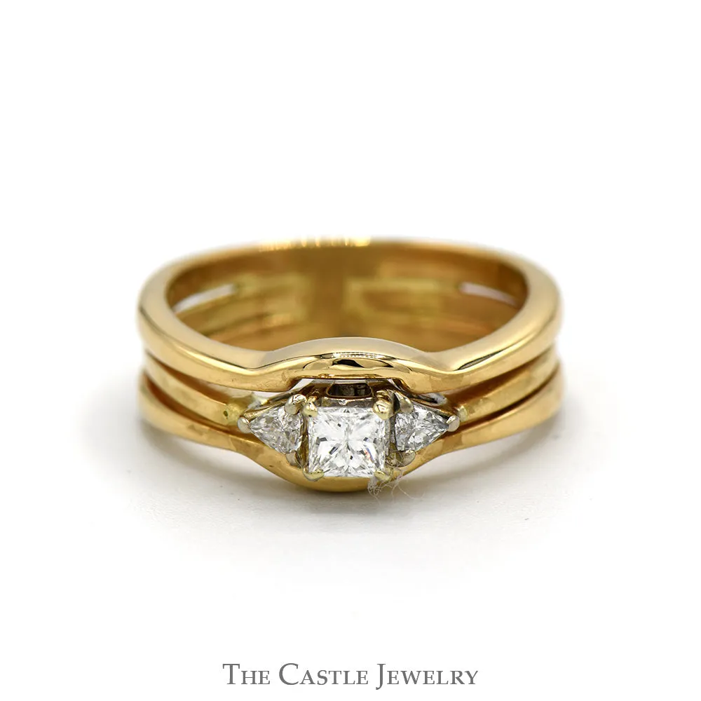 Princess Cut & Trillion Cut Diamond Three Stone Bridal Set in 14k Yellow Gold