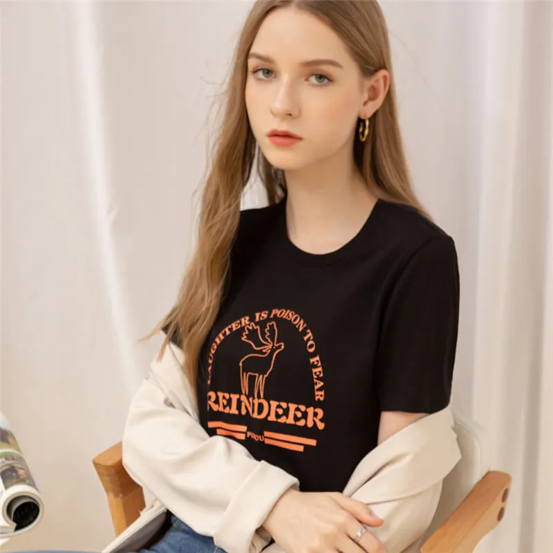 Print Reindeer Cotton T-Shirt