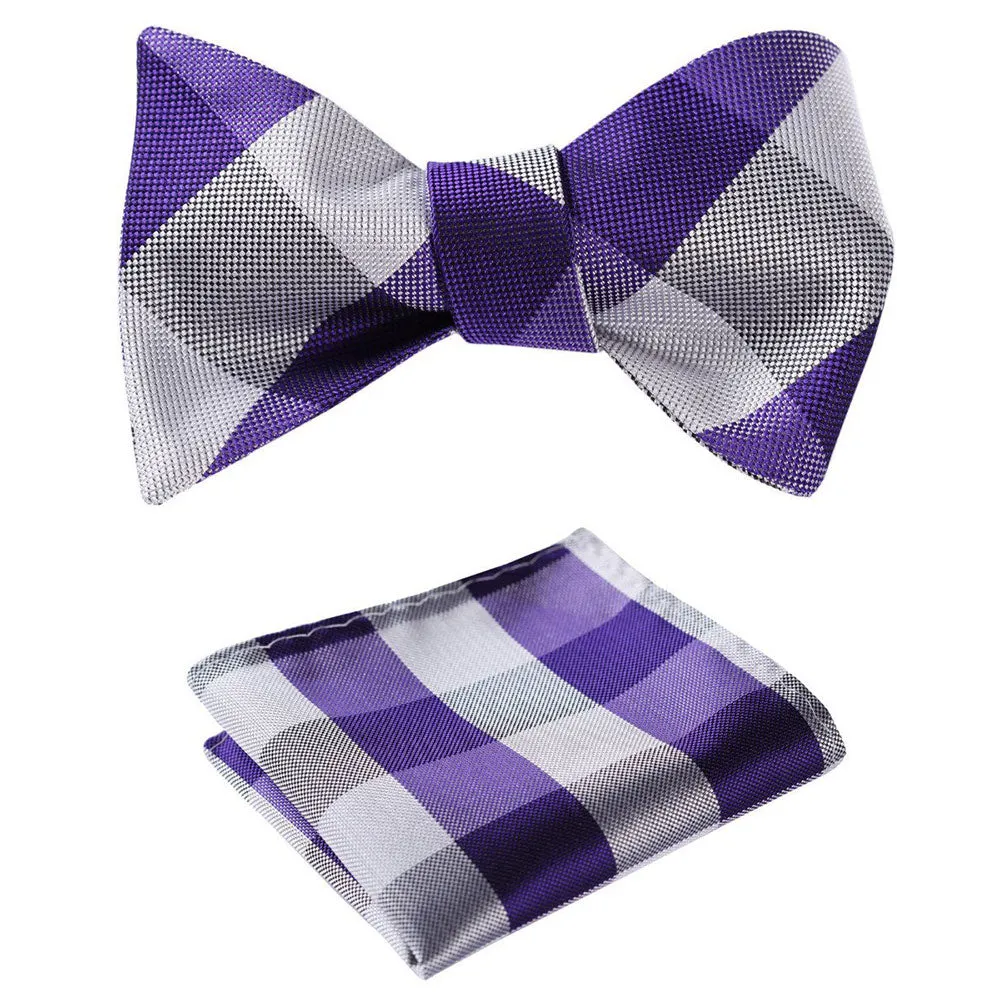 Purple Grey Check Mens Silk Self tie Bow Tie with Pocket Squares Set